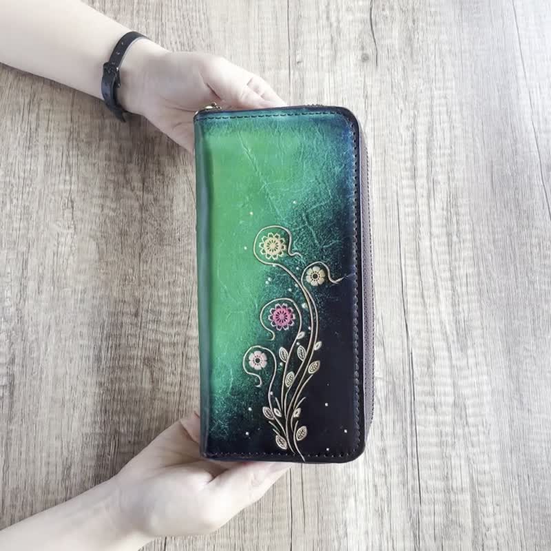 【定制化礼物】 花草系列 真皮女仕拉链长夹 共5款 毕业季 纪念礼 - 皮夹/钱包 - 真皮 绿色