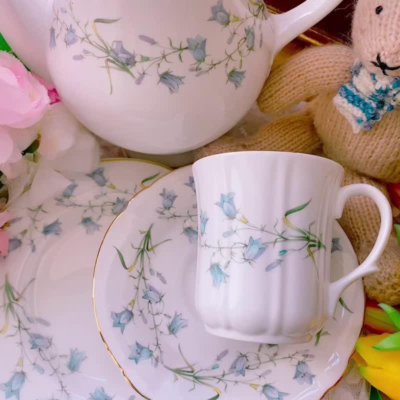 1950年英国制咖啡杯两件式蓝铃花图腾库存品完整美丽 - 茶具/茶杯 - 瓷 蓝色