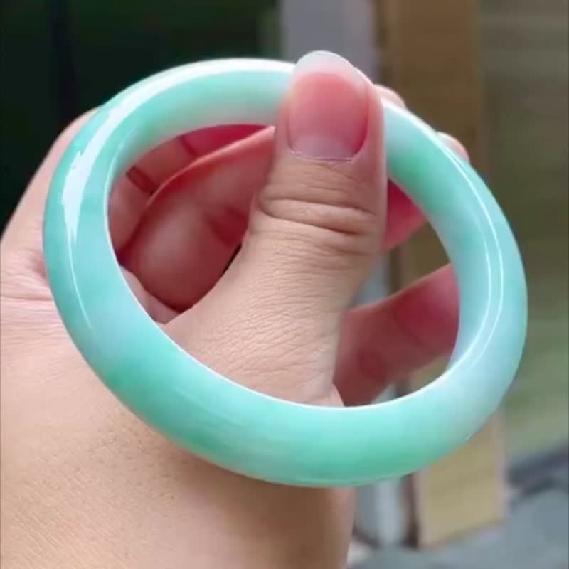 冰种 天然翡翠 缅甸 A玉 玉镯 • 糯冰种蓝绿翡翠福镯 - 手链/手环 - 玉石 蓝色