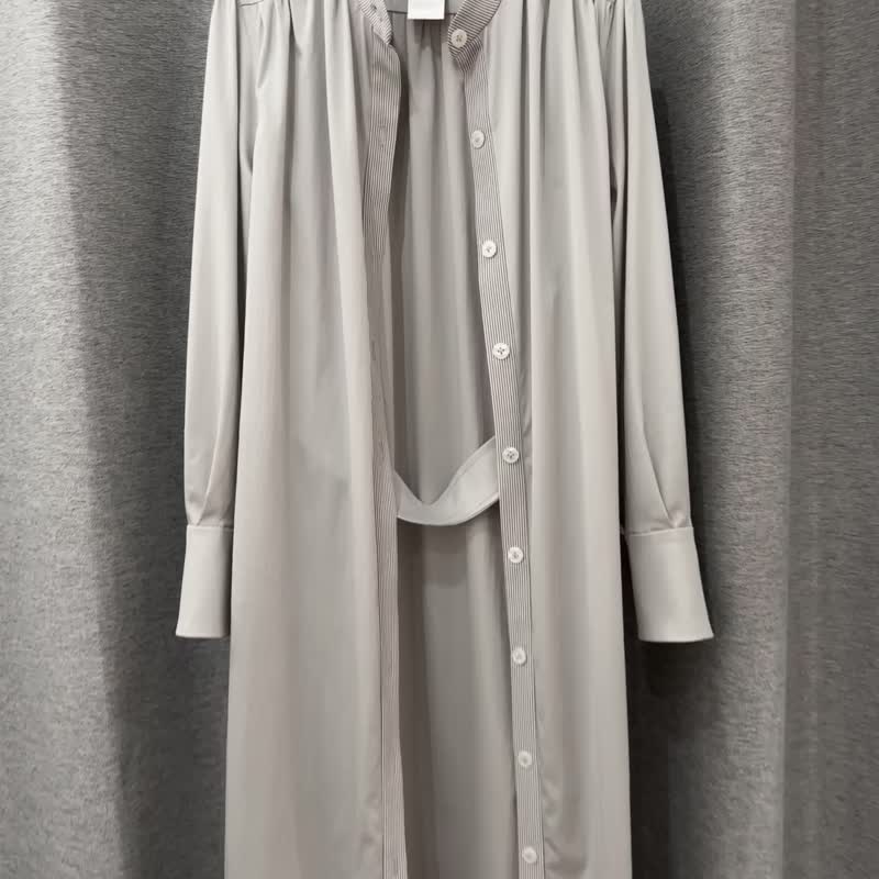 米灰长长衬衫洋装 - 女装衬衫 - 聚酯纤维 灰色
