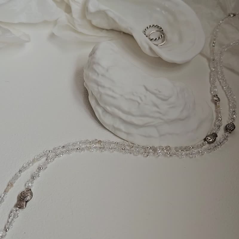 (多圈)(天然石水晶手链)(白水晶x赫基蒙白水晶x淡水珍珠x白蝶 - 手链/手环 - 水晶 透明