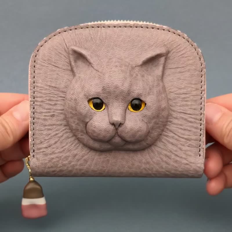 3D 英国短毛猫 皮革钱包 – 三色边框 – 日本手工制作 - 皮夹/钱包 - 真皮 灰色