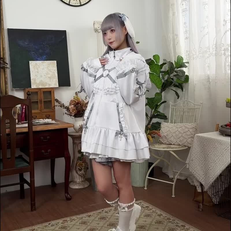 原创暗夜喵喵缎带蝴蝶结十字架吊饰荷叶边猫耳朵连帽外套JJ2522 - 女装休闲/机能外套 - 棉 