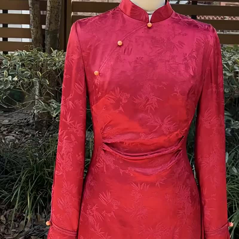 丹朱 酒紅色訂婚改良旗袍 日常可穿高端國風氣質 新娘婚禮敬酒服 - 旗袍 - 聚酯纤维 红色