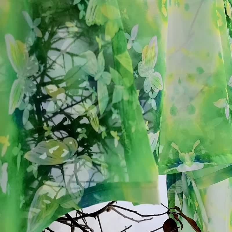 3 周【当绿意诞生】水彩画 风格雪纺围巾 清新绿 蝴蝶 叶子 绿色 披肩 丝巾 日常穿搭 时髦 - 围巾/披肩 - 聚酯纤维 绿色
