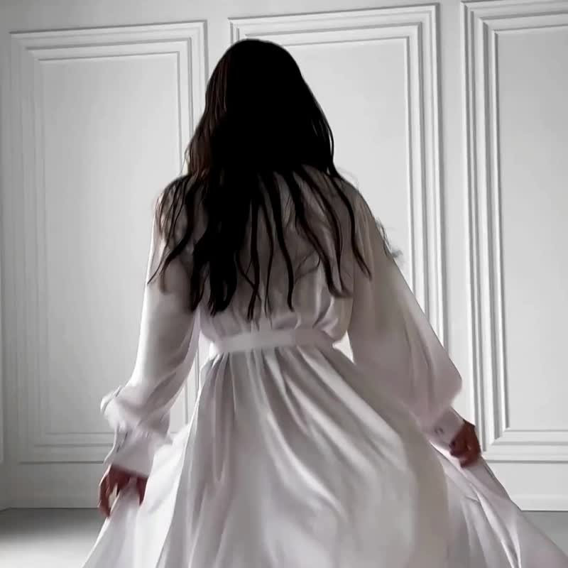 奢华丝绸拖尾新娘长袍 - 超长白色翻边长袍 - 居家服/睡衣 - 其他材质 