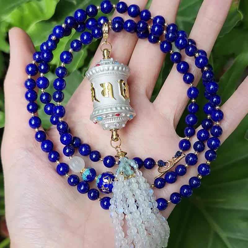 顶级 帝王青 青金石 六字真言转经轮 珐琅 莲花 蓝月光 项链 单品 - 项链 - 宝石 蓝色