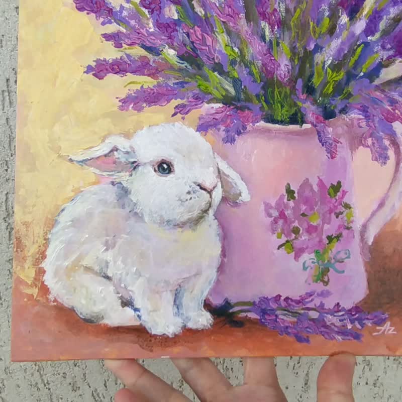 Lavender Painting White Rabbit Original Art Still Life Provence Floral Art Oil - 海报/装饰画/版画 - 其他材质 紫色