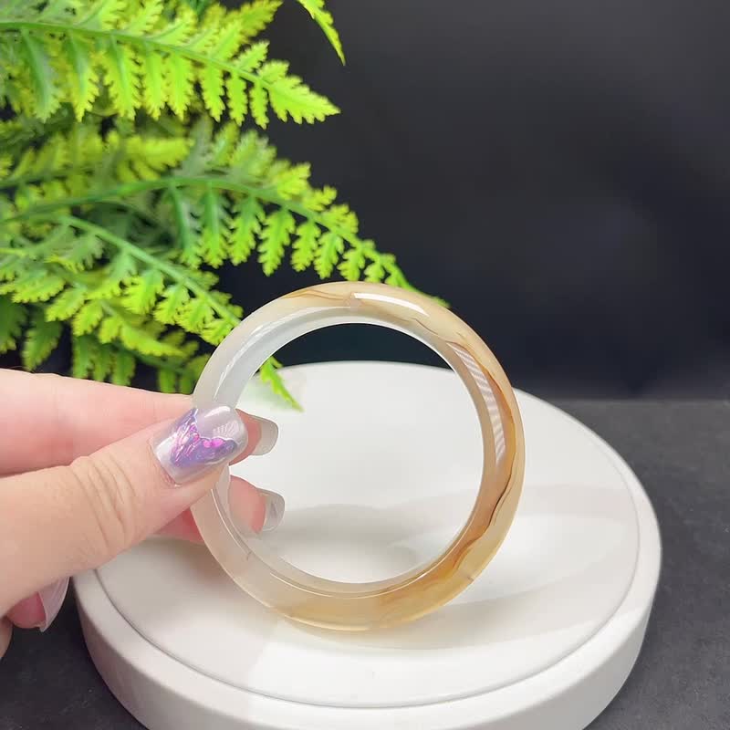 精品 香槟金玛瑙手镯 54MM 冰润起光龙鳞纹飘花玉髓手环 辟邪福禄 - 手链/手环 - 半宝石 