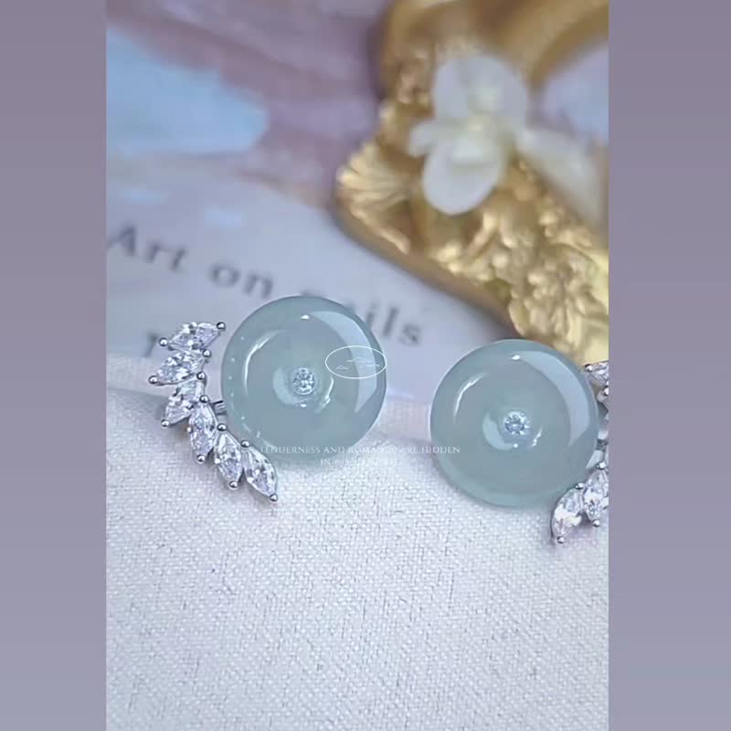 平安•顺心•招财•圆满|两戴款冰胶蓝平安扣| A货翡翠纯银耳环 - 耳环/耳夹 - 玉石 
