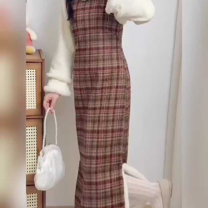 聖誕格紋 少女風秋冬保暖馬甲旗袍 内搭上衣 新中式春節戰袍 - 洋装/连衣裙 - 聚酯纤维 咖啡色