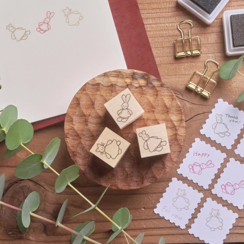 日本手作枫木印章三入组 - 猫咪、小熊、兔子可爱动物印章组 - 印章/印台 - 木头 咖啡色