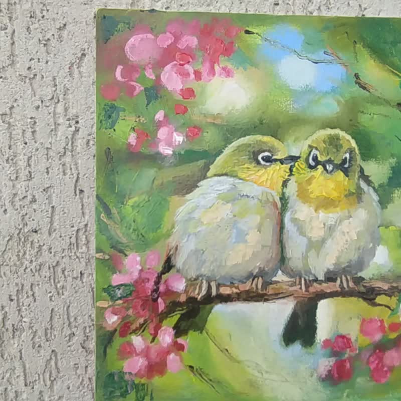 白眼鸟画情侣雀原创艺术两只鸟在开花 - 海报/装饰画/版画 - 其他材质 黄色