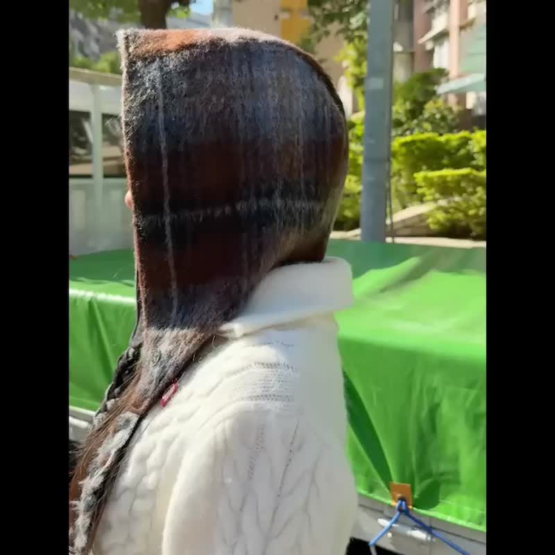 格纹连帽头巾 - 帽子 - 聚酯纤维 黑色