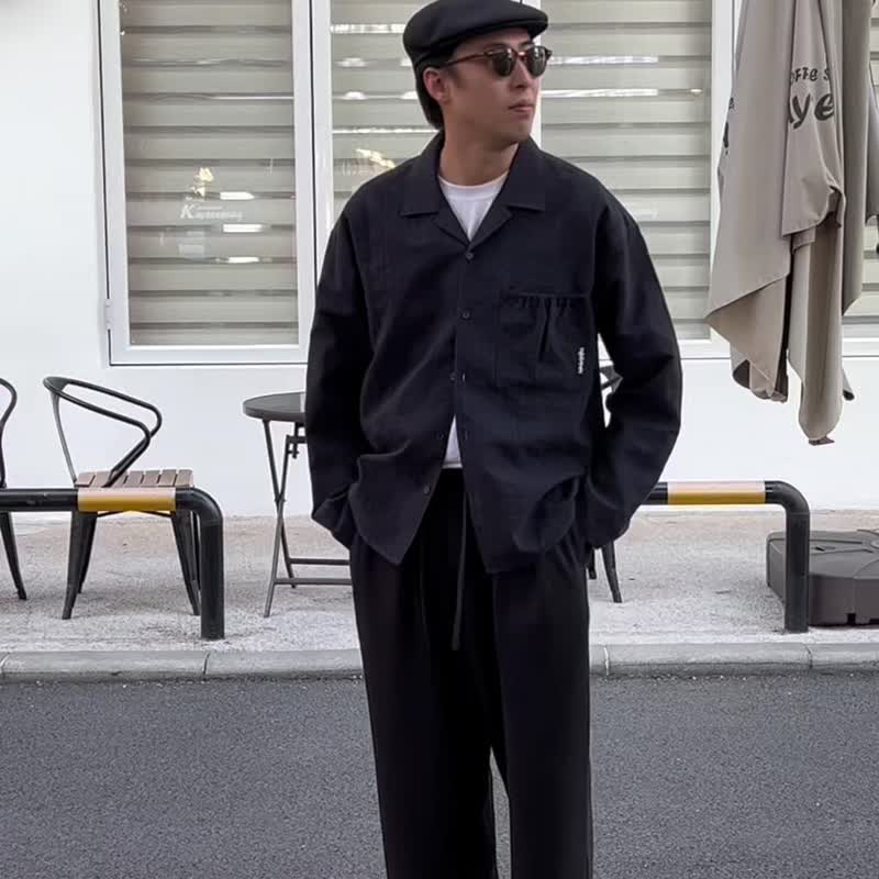 OUTER 日系潮流質感紋理口袋寬鬆外套 古巴領長袖Cityboy藏青男生 - 男装衬衫 - 棉 蓝色