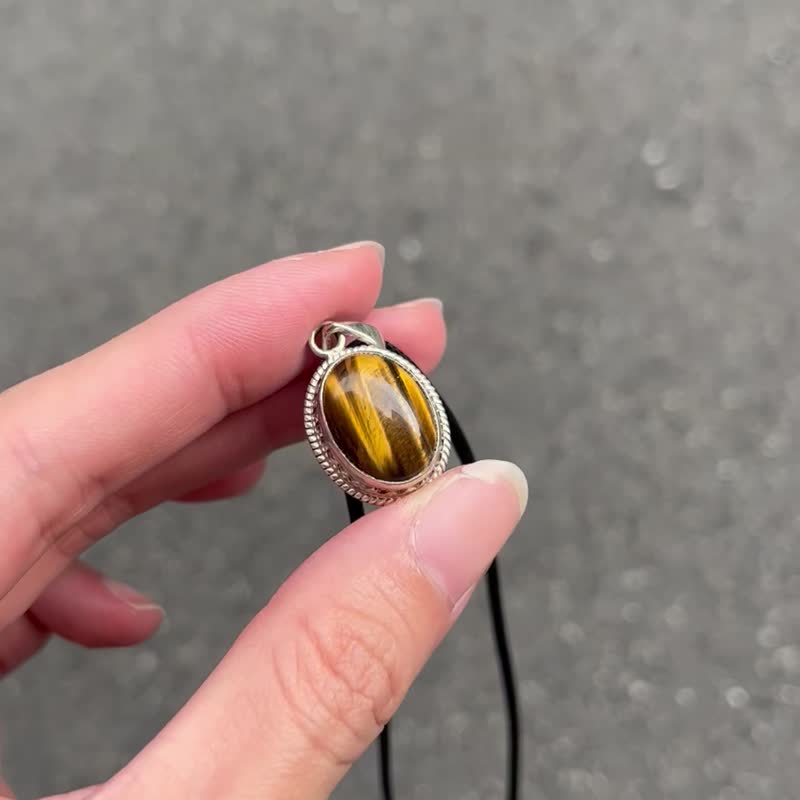 喜迎瑶 925银 琥珀 黄虎眼 猫眼虎眼 纯银吊坠 项链 男女 民族风 - 项链 - 水晶 银色