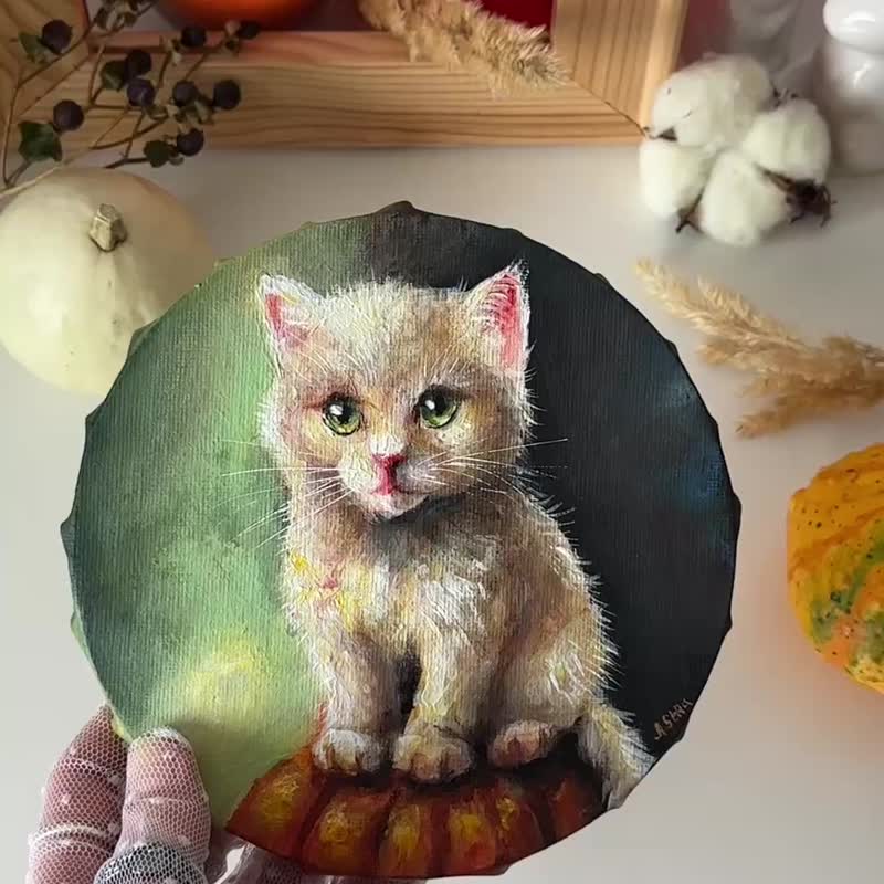 白色猫咪与南瓜画作，可爱动物，猫咪墙面艺术，白色小猫装饰 - 墙贴/壁贴 - 棉．麻 多色