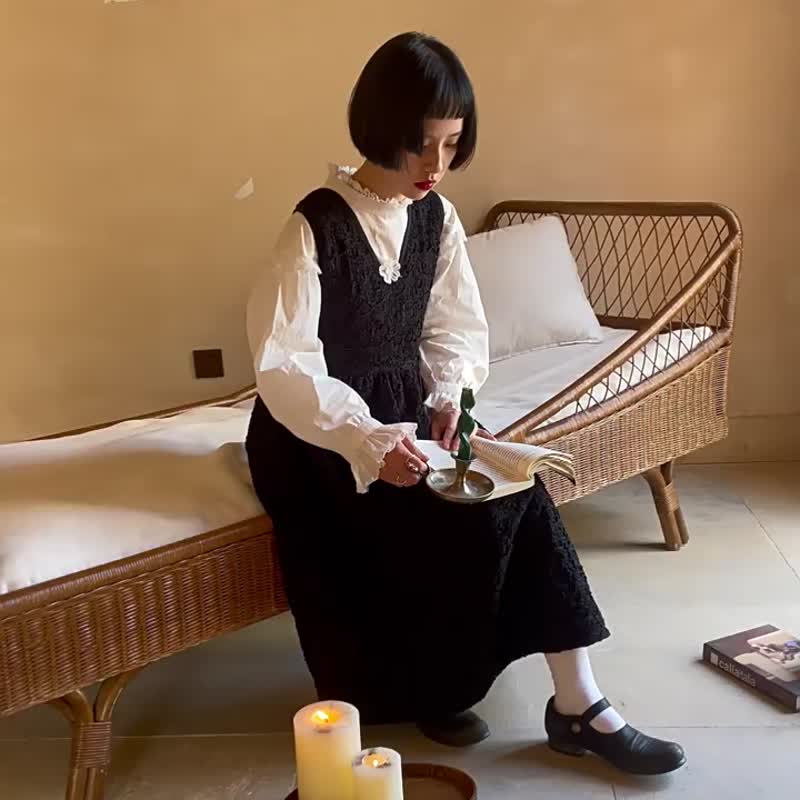 黑色 V領宮廷風重工暗紋洋裝 法式復古少女花花連衣裙 春秋背心裙 - 洋装/连衣裙 - 其他人造纤维 黑色