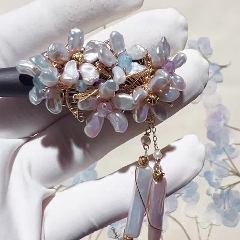 纯手工进口14K包金绕线金玉满堂宝石紫光檀木发簪 - 发饰 - 宝石 多色