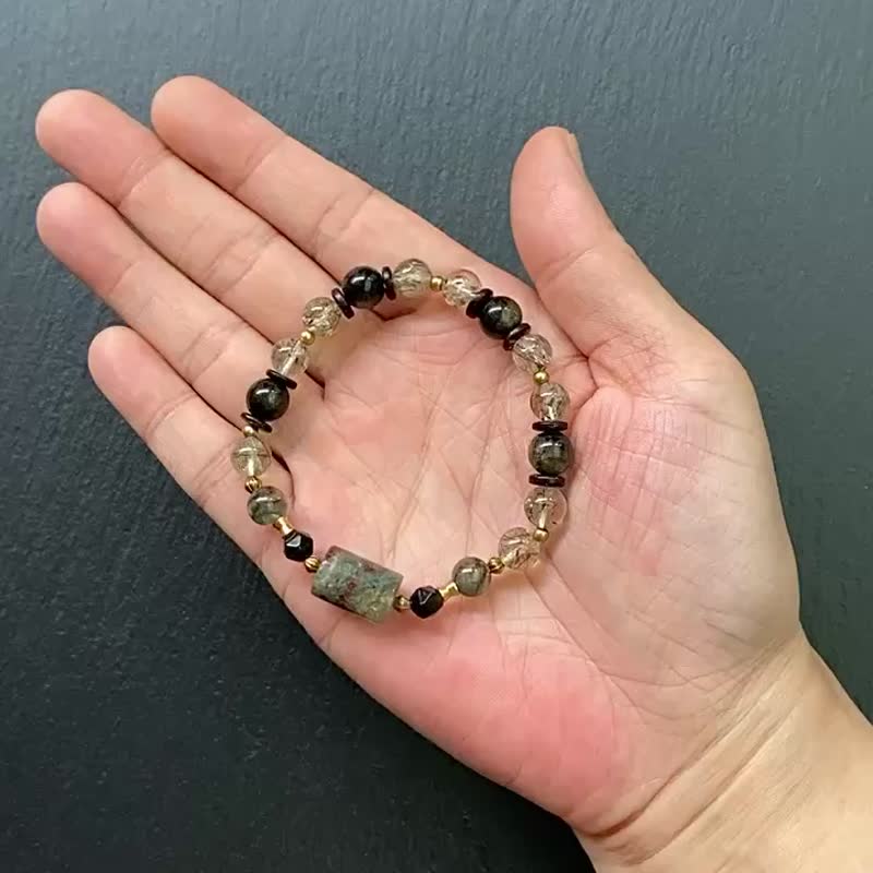 幽灵水晶 金曜石// 碧玺绿发晶 黑曜石 椰壳// 黄铜手链 财运水晶 - 手链/手环 - 水晶 多色