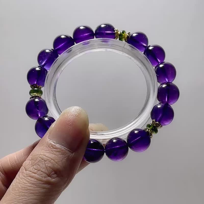 客订 天然矿石 顶级 乌拉圭紫水晶10.5mm 绿碧玺 925纯银14K 手链 - 手链/手环 - 宝石 紫色