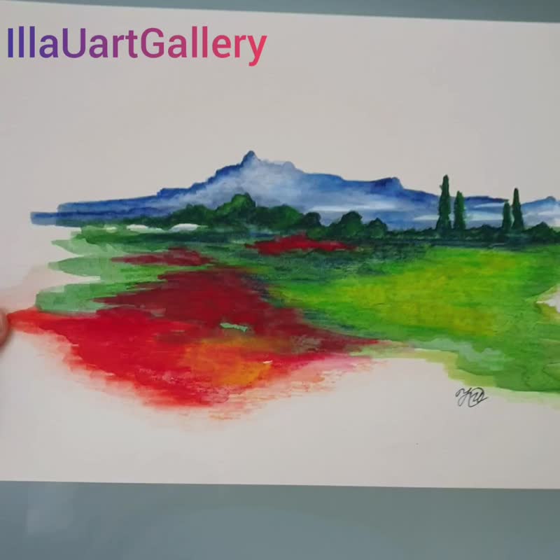 Tuscany Painting Original Art Landscape Wall Art Red Poppy Artwork Watercolor - 海报/装饰画/版画 - 其他材质 多色