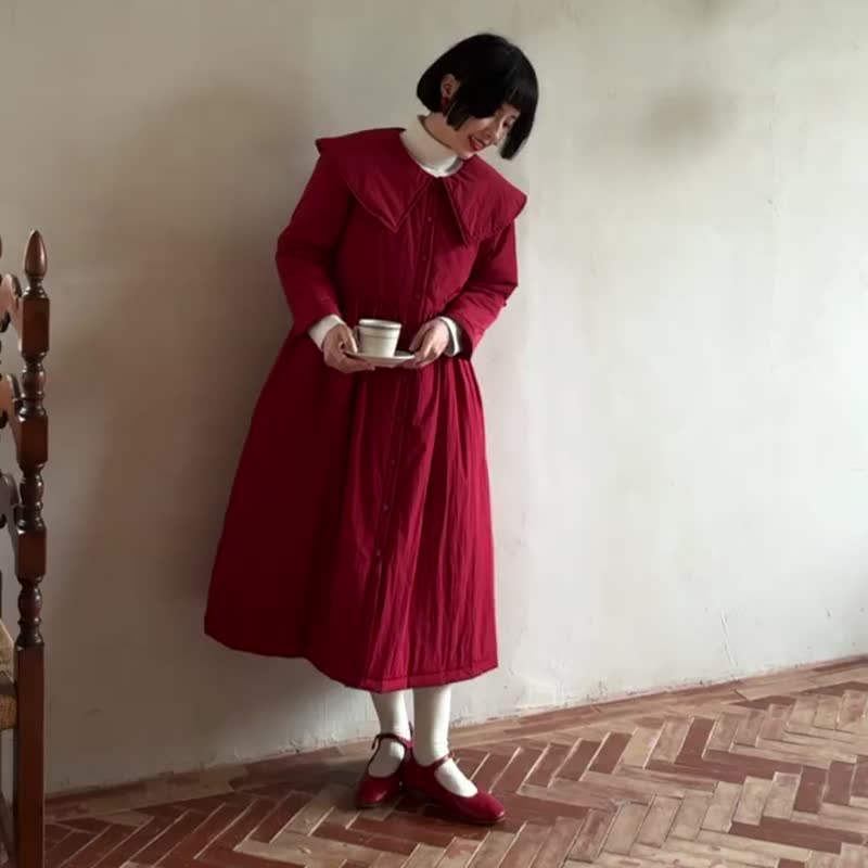 復古紅 好運娃娃領夾棉棉服 冬季文藝少女方領棉衣外套 - 女装休闲/机能外套 - 聚酯纤维 红色