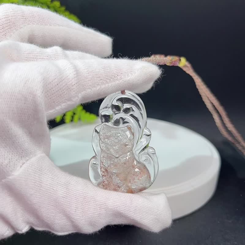 玻璃体雪花幽灵水晶吊坠 立体手雕九尾狐项錬 冰透粉嫩灵修祥瑞 - 项链 - 水晶 粉红色