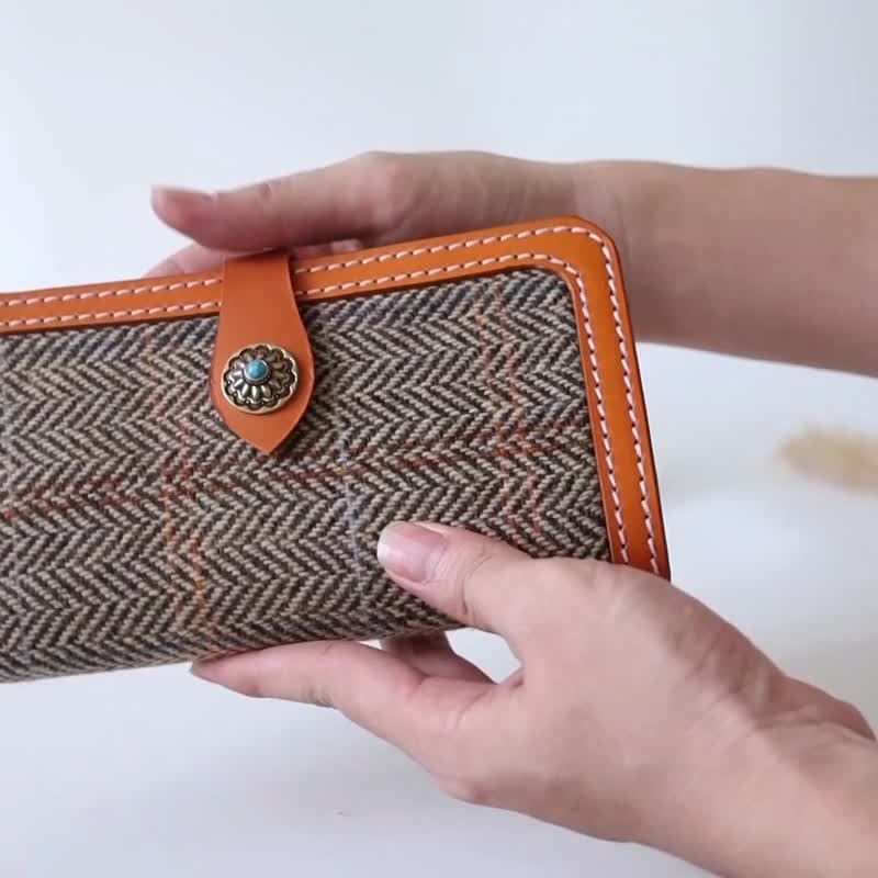Harris Tweed × 真皮 手工长夹 可拆卸拉链零钱包大容量收纳 - 皮夹/钱包 - 羊毛 橘色
