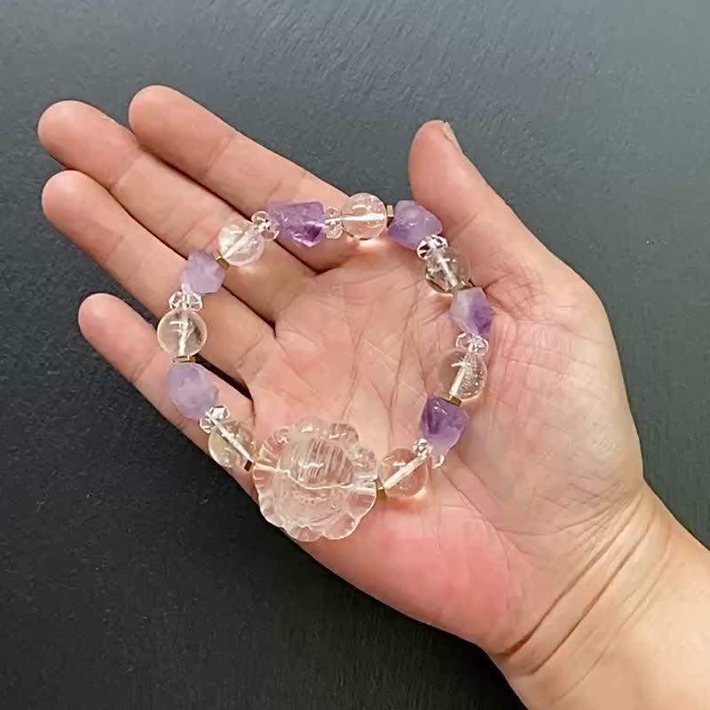 能量原矿-原矿梦幻紫晶骨干x白水晶x彩阿赛x白水晶趴趴狐黄铜手链 - 手链/手环 - 水晶 多色