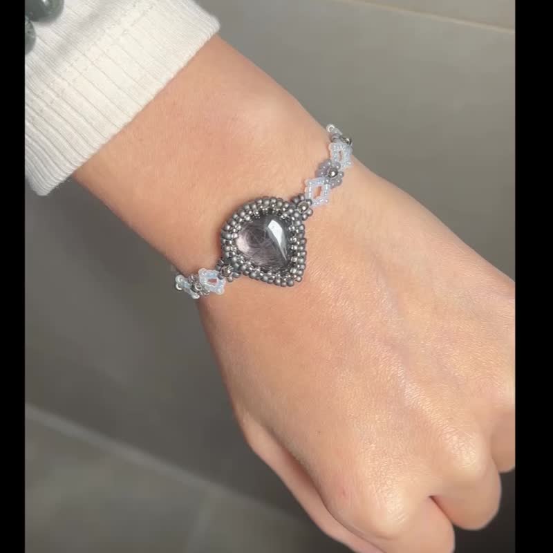 银线石 金运石 手链 玻璃米珠x天然石 串珠手链 - 手链/手环 - 水晶 黑色