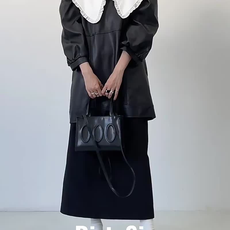 黑色 OOSS小號 胎牛紋牛皮出街size購物袋 手提單肩斜背包 雙肩帶 - 侧背包/斜挎包 - 真皮 黑色