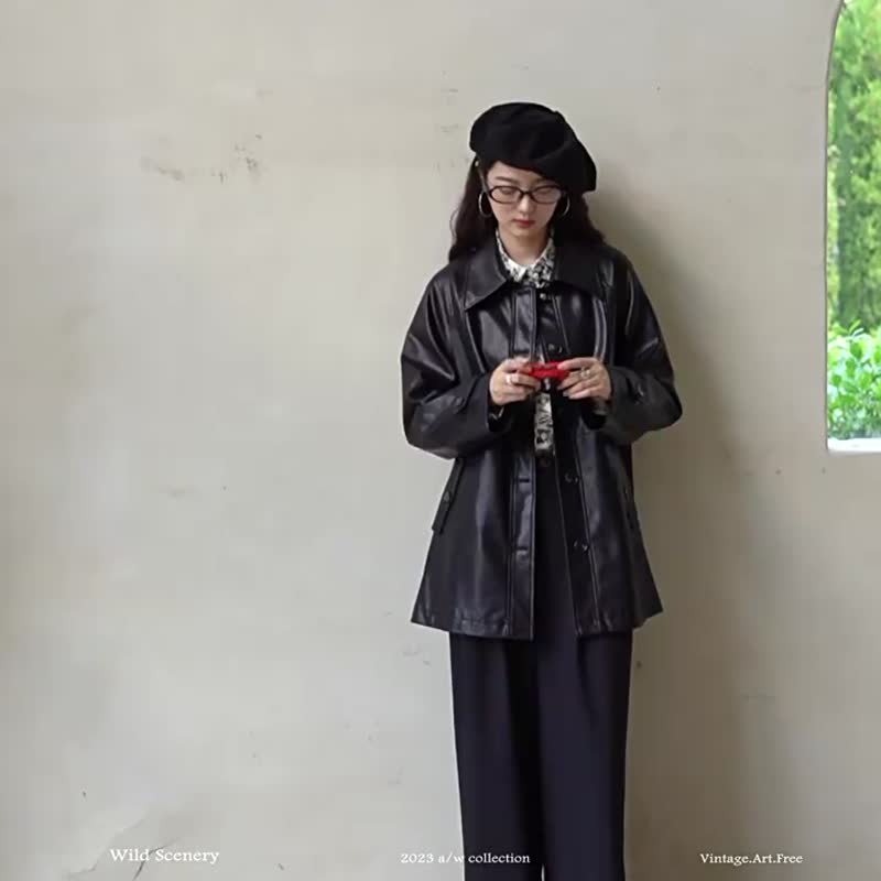 黑色 諾丁山 法式時髦翻領皮衣 A版廓形收腰系帶機車皮衣外套 - 女装休闲/机能外套 - 人造皮革 黑色