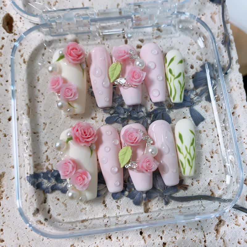 粉钻 油画肌理 石膏 花砖 手工美甲 手绘穿戴甲 Nail arts - 其他 - 其他材质 粉红色