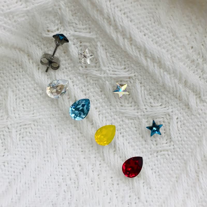 圣诞/交换礼物【星/水滴】医疗钢单钻耳针|奥地利高端水钻耳环 - 耳环/耳夹 - 不锈钢 多色