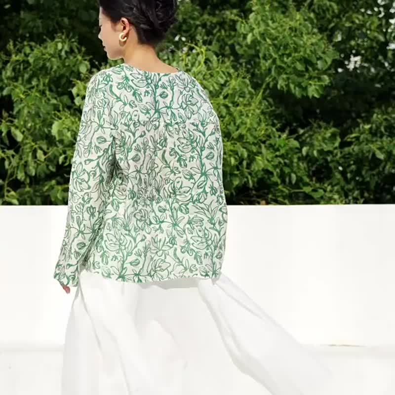 绿花卉 纺诗车间 新中式国风夏日V领玉石扣防晒衬衫 - 女装衬衫 - 其他人造纤维 绿色
