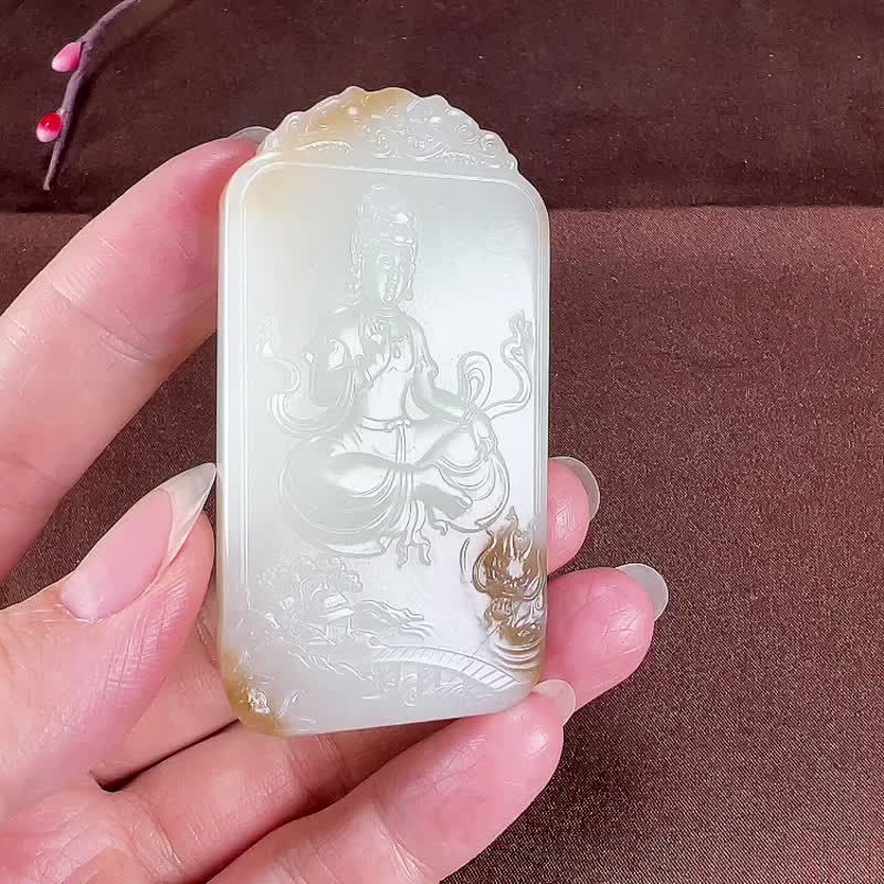 天然新疆和田玉且末糖羊脂玉御龙观音吊坠玉质细腻温润色泽柔 - 吊饰 - 玉石 