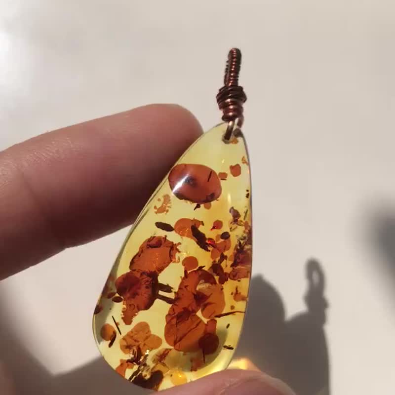 天然花珀 蜜蜡琥珀 Amber 树脂 化石 吊堕 吊咀 天然水晶 冰透 - 项链 - 水晶 红色