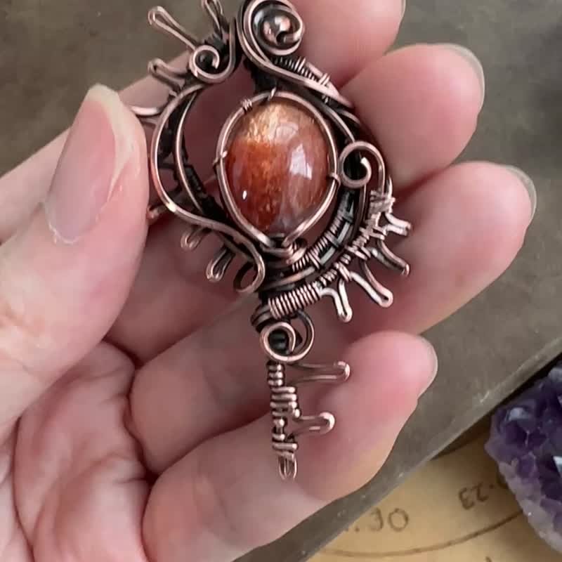 WW407 民族风 全手工编织 绕铜线 复古做旧 wire wrap 太阳石吊咀 - 项链 - 铜/黄铜 咖啡色