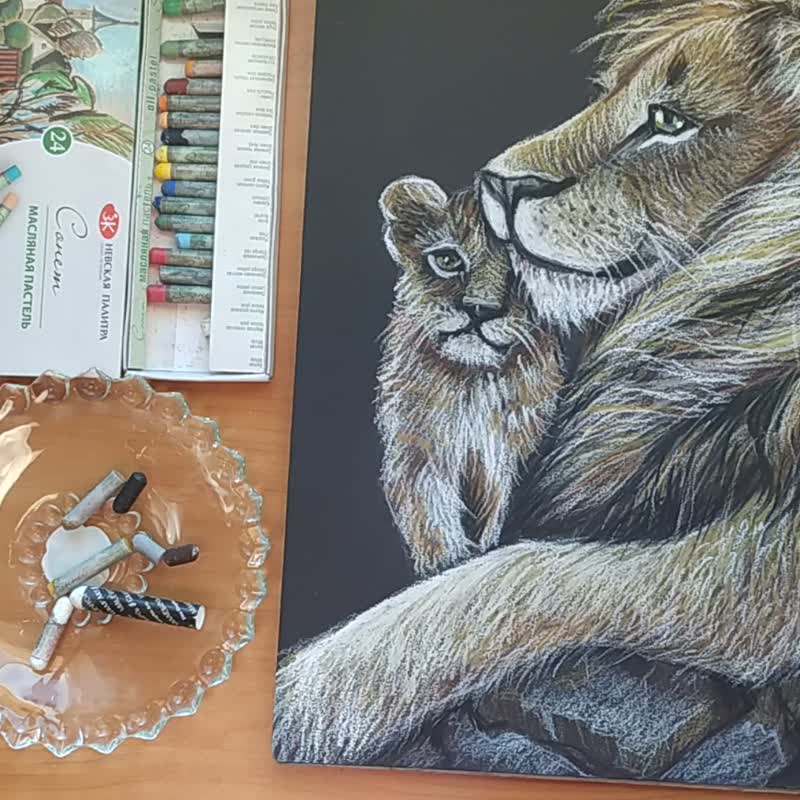 Portrait of lion and lion painting oil pastel realism art picture of love - 墙贴/壁贴 - 纸 咖啡色