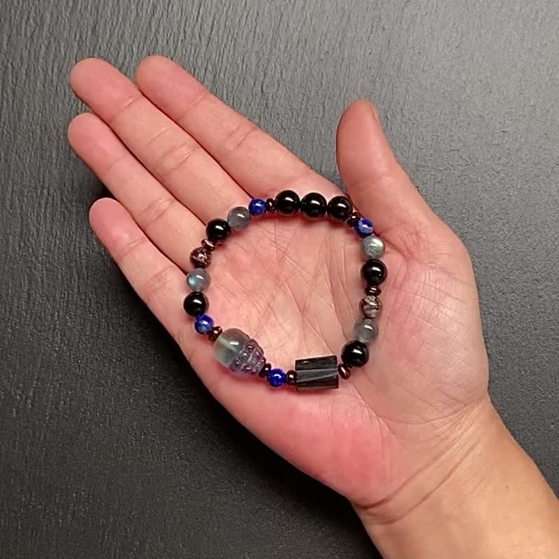 拉长石 黑曜石 青金石 幽灵水晶 椰壳 黑碧玺 渐层萤石貔貅手链 - 手链/手环 - 水晶 多色