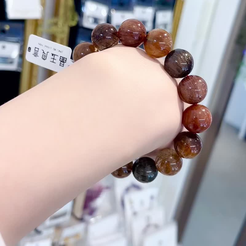 收藏老矿彩铜钛彩发晶爆闪满天然发晶手珠14mm正财偏财运势提升 - 手链/手环 - 水晶 咖啡色