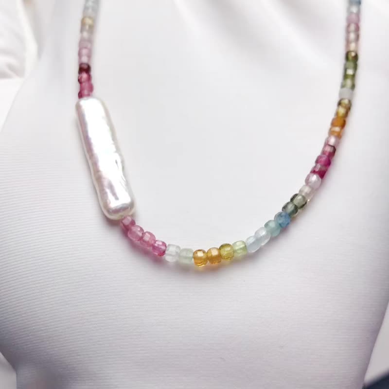 纯手工制作14K包金天然圆珠糖果碧玺小银条珍珠项链 可调节长短 - 项链 - 宝石 多色