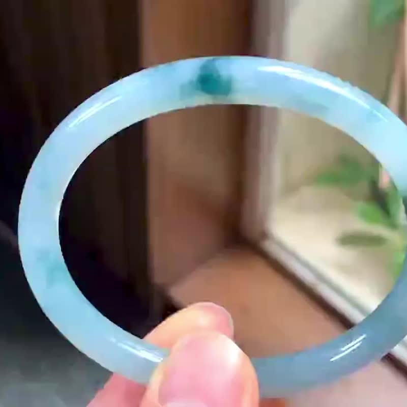 冰种 天然翡翠 缅甸 A玉 玉镯 • 冰种蓝花翡翠贵妃镯 - 手链/手环 - 玉石 蓝色