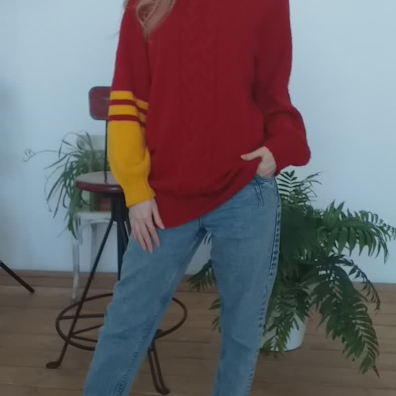 毛衣红色手编羊毛/手工高领羊毛/长袖顶毛 - 女装针织衫/毛衣 - 羊毛 红色