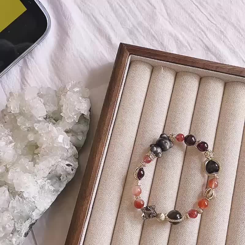 一抹光【深红的心愿】银曜 x 飘花南红 x 红兔毛 x 紫牙乌 设计水晶手串 - 手链/手环 - 水晶 黑色