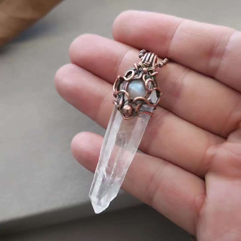 金属编织 原矿白水晶项链 手作复古饰品 水晶矿石 铜线编织 - 项链 - 铜/黄铜 