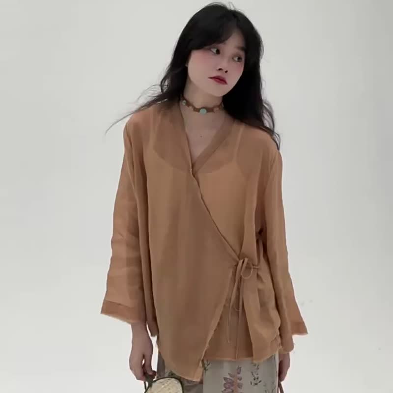 2顏色 苧麻和服毛邊開衫 日式文藝復古百搭氣質上衣罩衫 - 女装上衣 - 棉 橘色