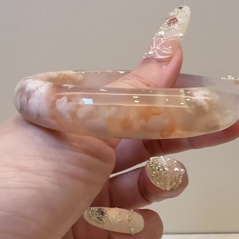 樱花玛瑙手镯 玛瑙手镯冰透水中粉炸花红勾边超美意境圈口55/56 - 手链/手环 - 玉石 