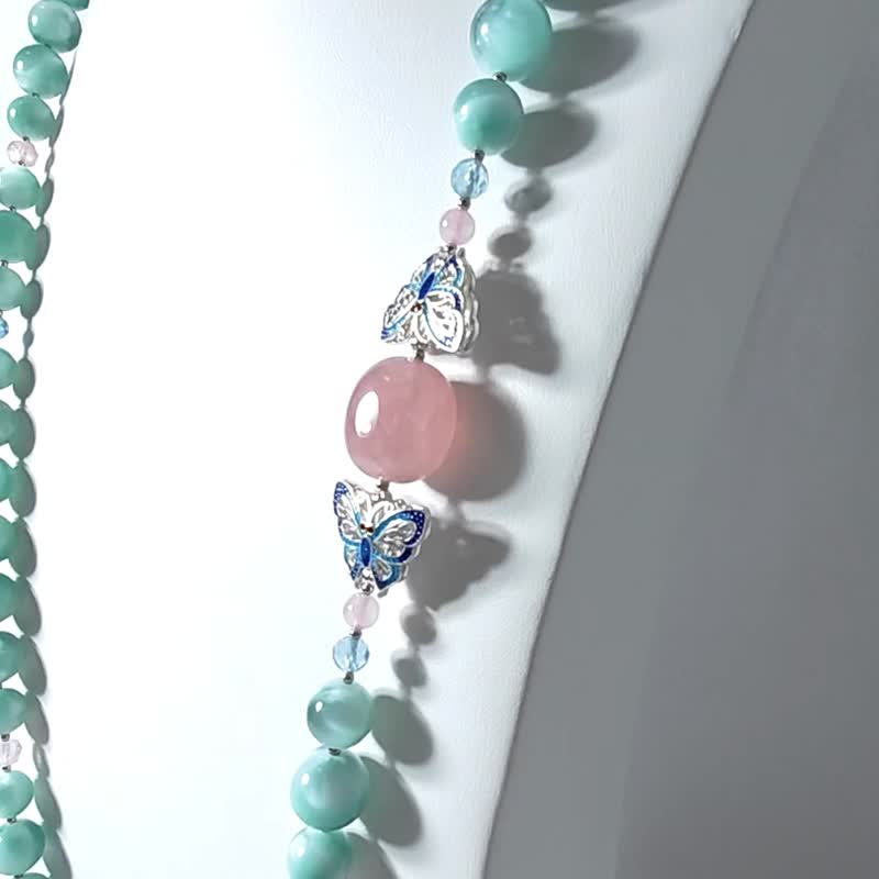 顶级天使绿海纹石 绿柱石 摩根石 蝴蝶 长项链 可戴2圈 单品 礼物 - 项链 - 宝石 绿色